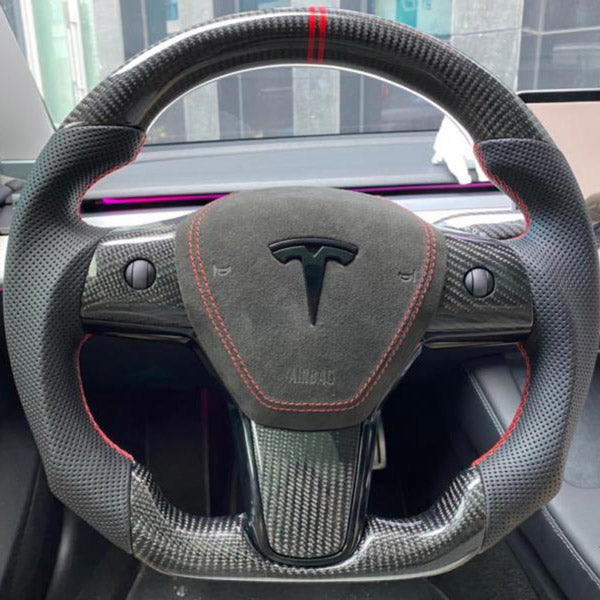 Housse de volant cousue à la main pour Tesla Model 3/Tesla Model Y 2017,  2018, 2019, 2020, 2021 (cuir perforé rouge + fibre de carbone noire mate)